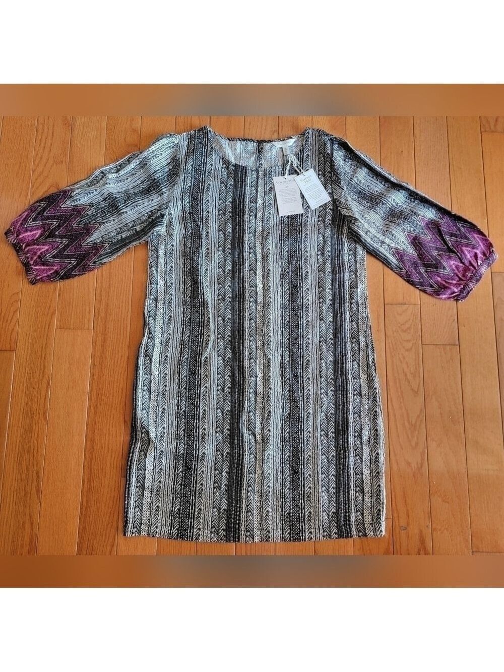 Garnet Hill 100% Linen Market Dress Relaxed Shift Boatneck 3/4 Sleeve Women's M